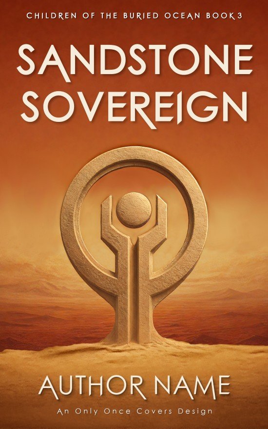 Monumental circular sandstone symbol with a central orb rising from dunes beneath an orange sky and distant mountains.