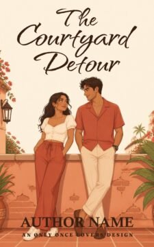 Illustrated young couple smiling at each other beside a terracotta wall in a sunny courtyard with flowers and palm trees.