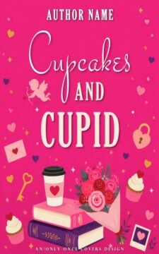 Bright pink illustrated cover with cupcakes, books, coffee, roses, hearts, love letters, and Cupid.