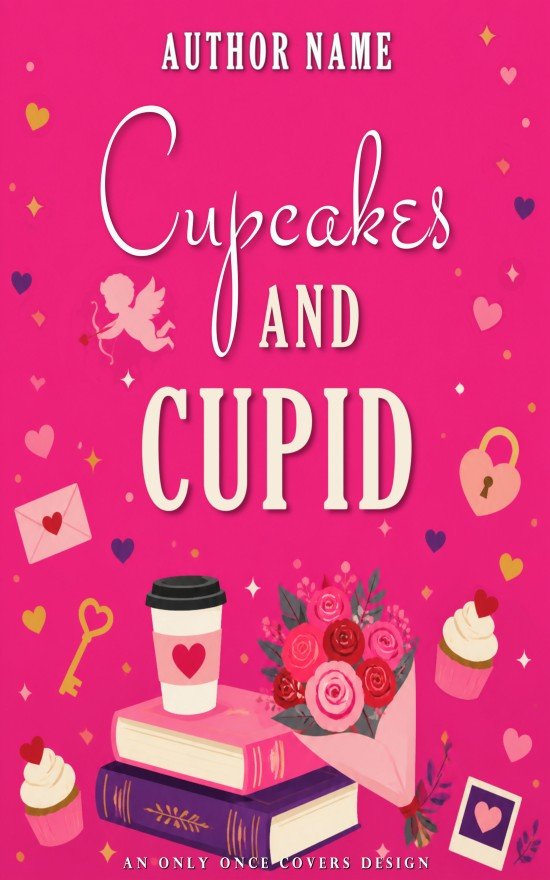 Cupcakes and Cupid | Only Once Covers Bright pink illustrated cover with cupcakes, books, coffee, roses, hearts, love letters, and Cupid.
