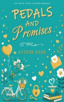 Teal illustrated cover with a flower-filled bicycle, daisies, love letter, hearts, books, coffee, key, and lock.